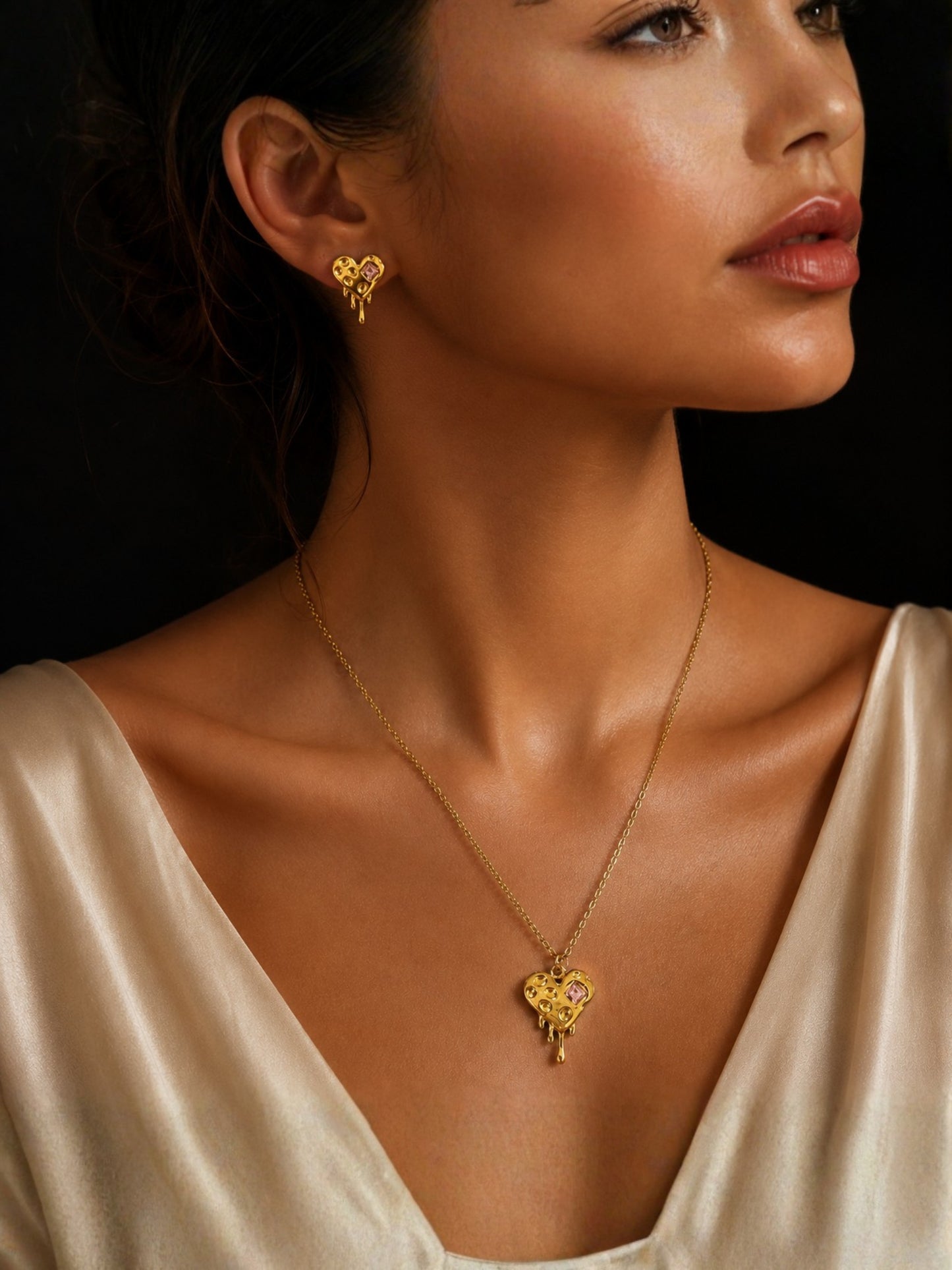 Pink CZ Sculptural Heart Necklace & Earrings Set in 18K Gold