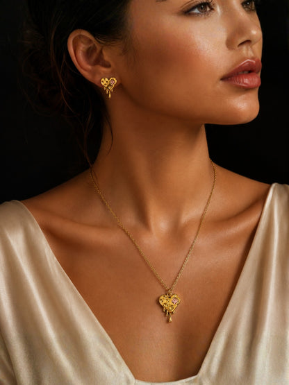 Pink CZ Sculptural Heart Necklace & Earrings Set in 18K Gold