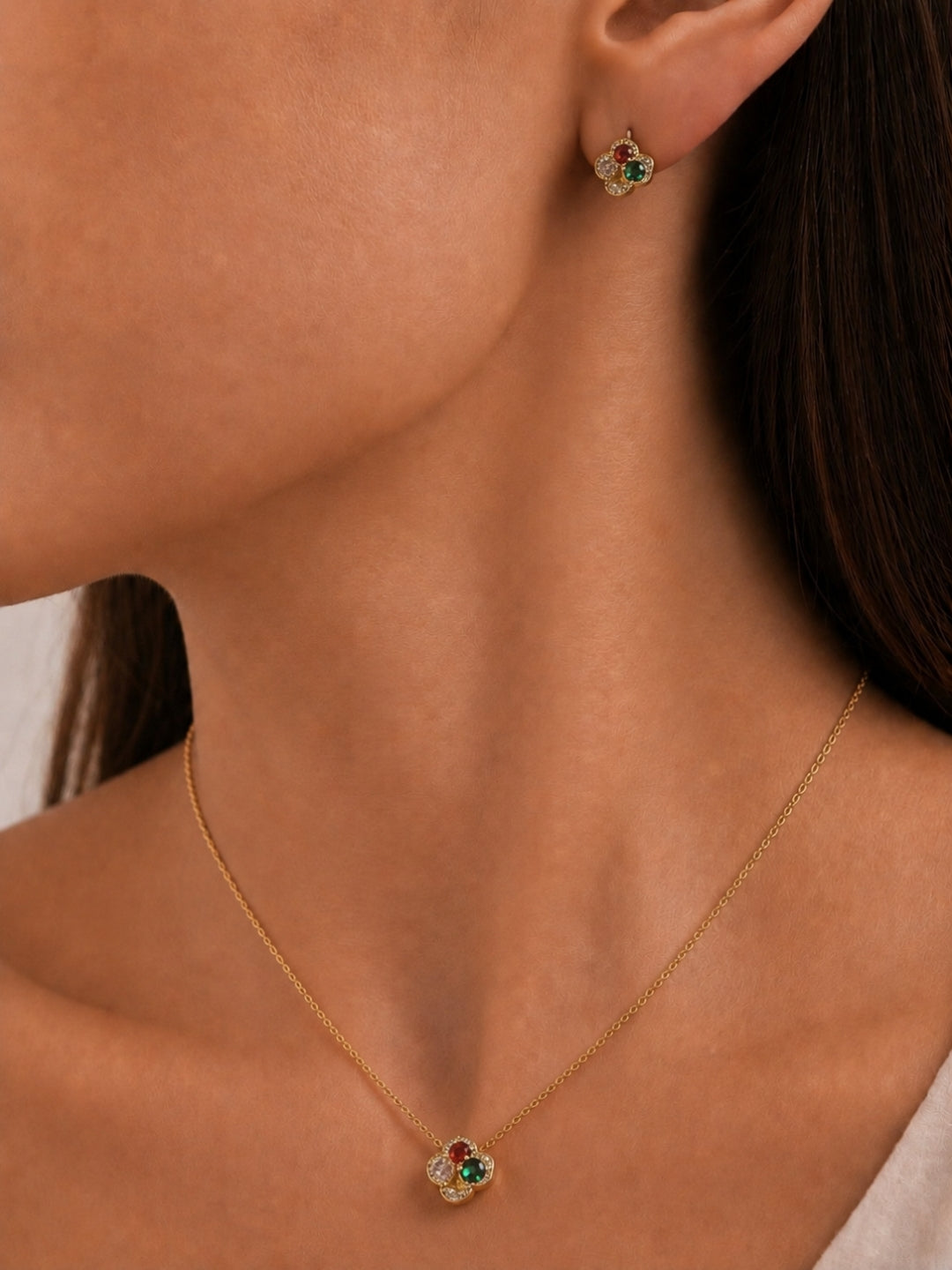 Multicolor Clover CZ Jewelry Set – 18K Gold Plated Necklace & Earrings