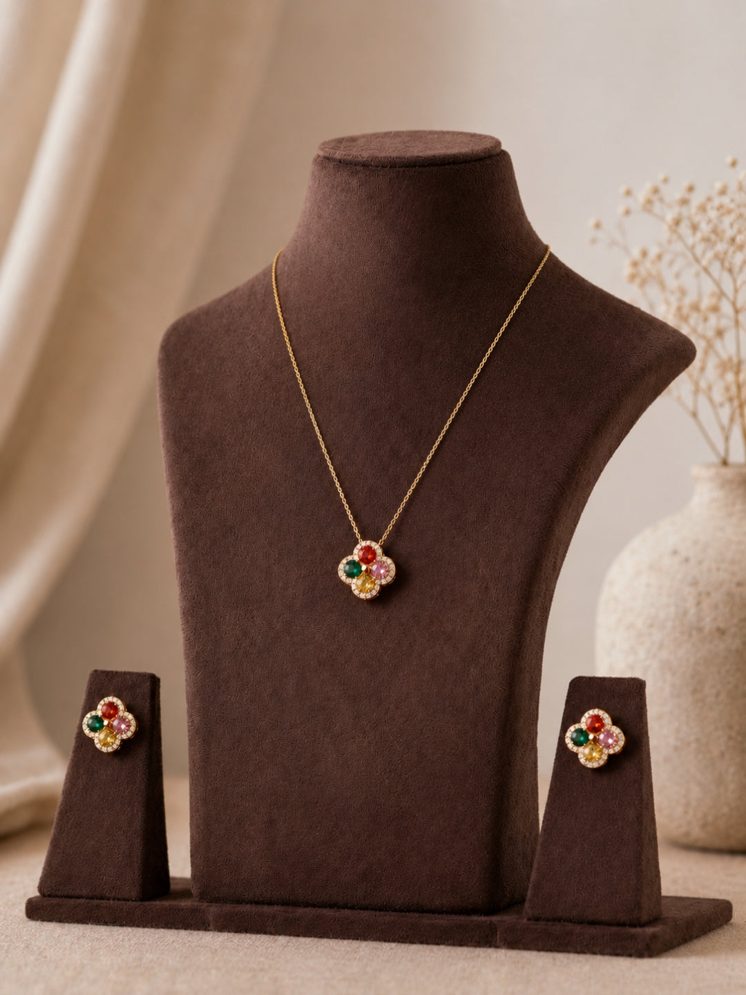 Multicolor Clover CZ Jewelry Set – 18K Gold Plated Necklace & Earrings