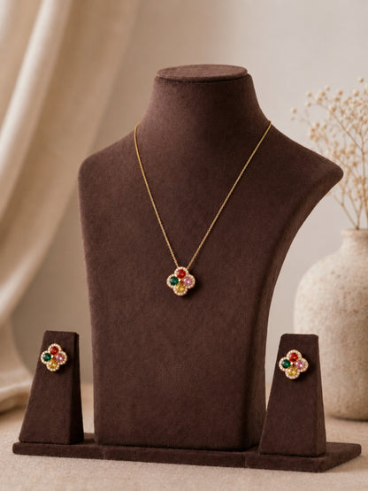 Multicolor Clover CZ Jewelry Set – 18K Gold Plated Necklace & Earrings