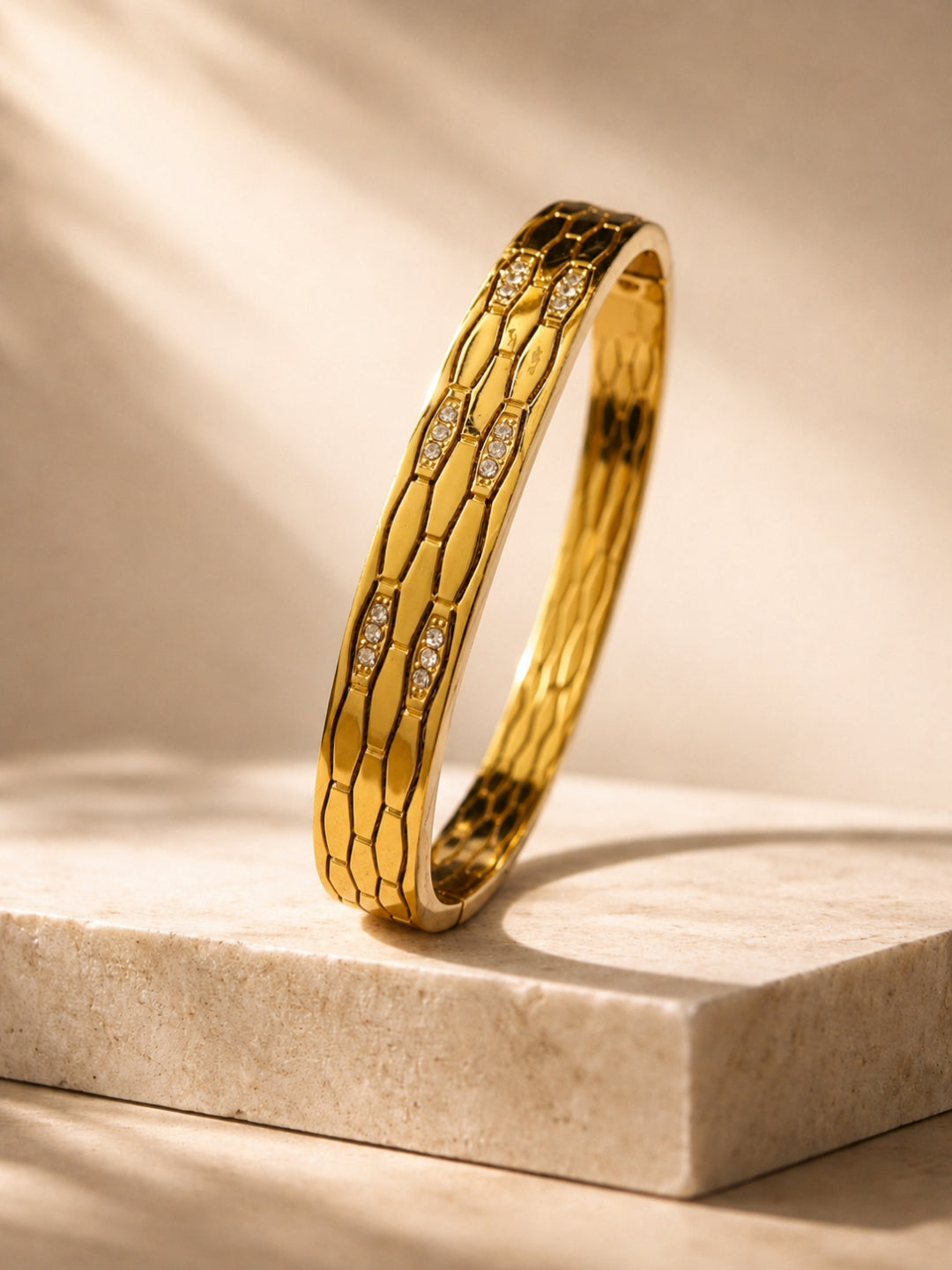 Faceted Honeycomb CZ Bangle — 18K Gold Plated Stainless Steel