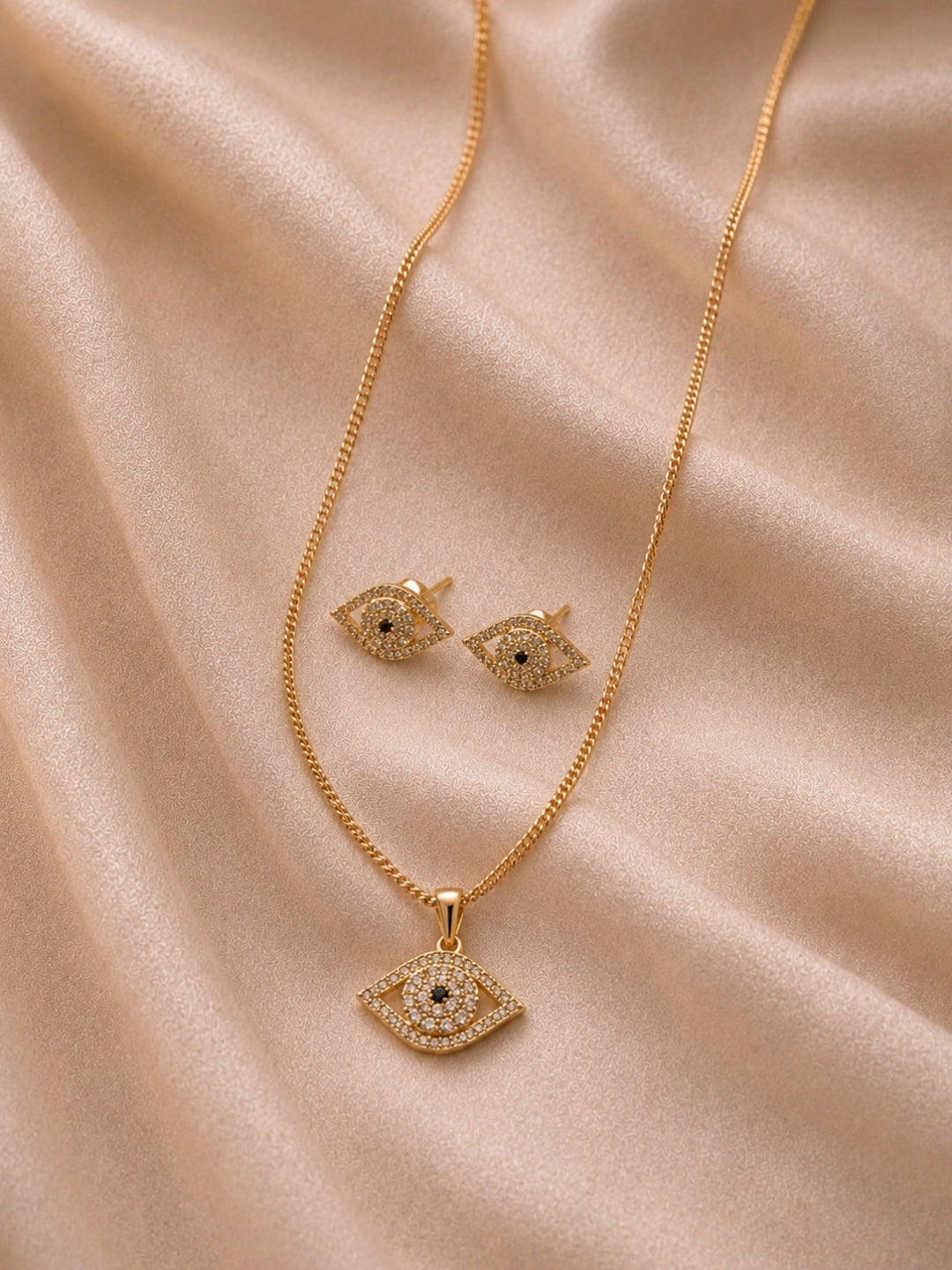 Evil Eye CZ Gold Plated Necklace & Stud Earrings Set for Women