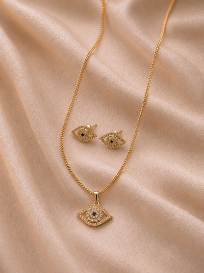 Evil Eye CZ Gold Plated Necklace & Stud Earrings Set for Women