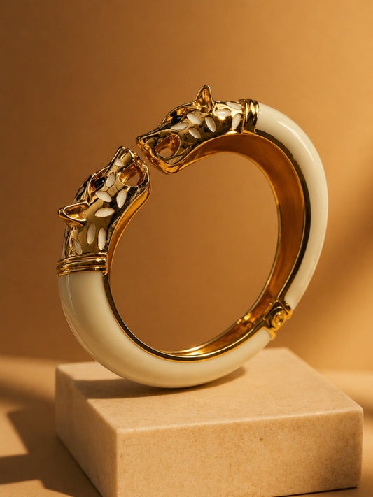 White Wolf Enamel Gold Kada Bracelet | Anti Tarnish Stainless Steel