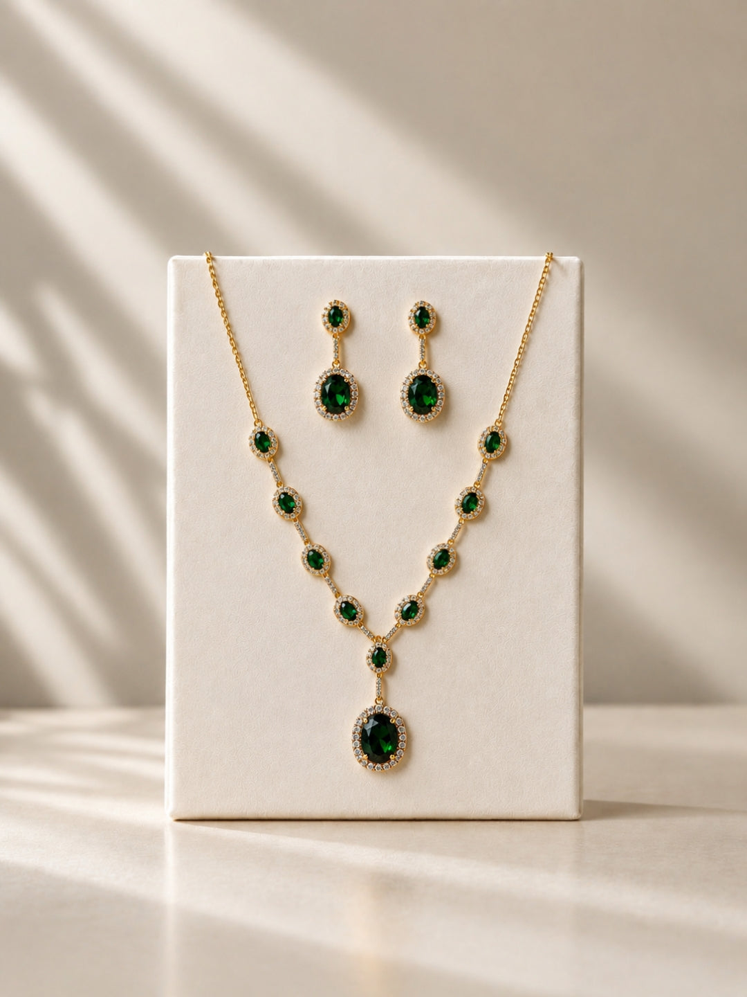 Emerald Classic Drop Necklace Set | 18K Gold CZ Jewelry Set