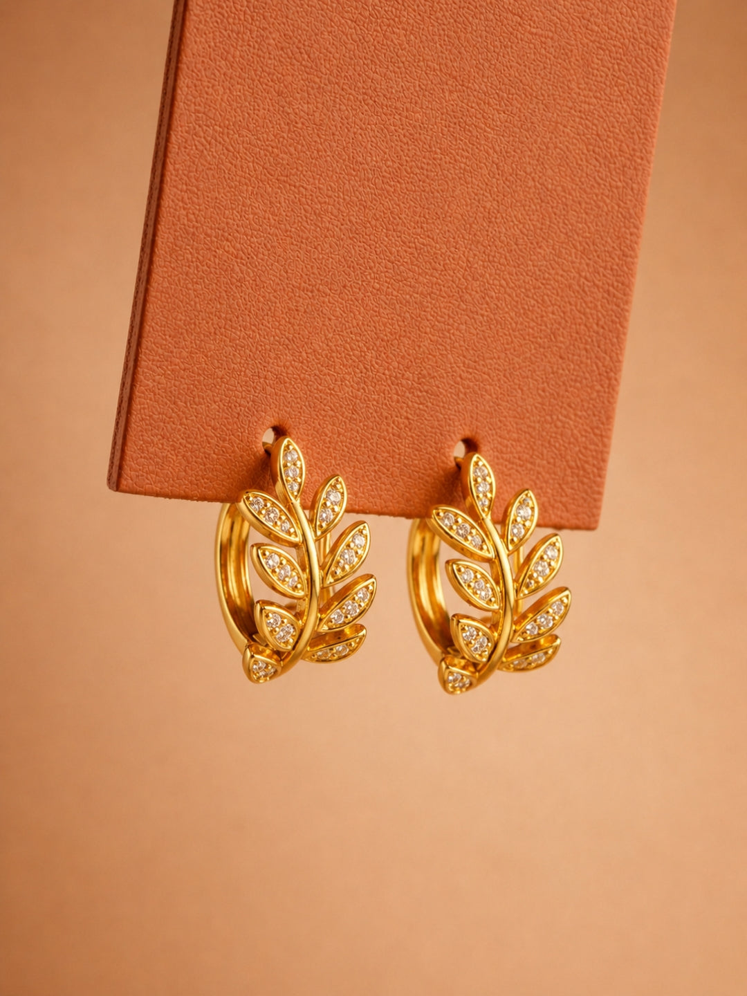Leaf CZ Studded Mini Hoops Earrings – 18K Gold Plated | Anti Tarnish