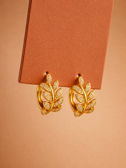 Leaf CZ Studded Mini Hoops Earrings – 18K Gold Plated | Anti Tarnish