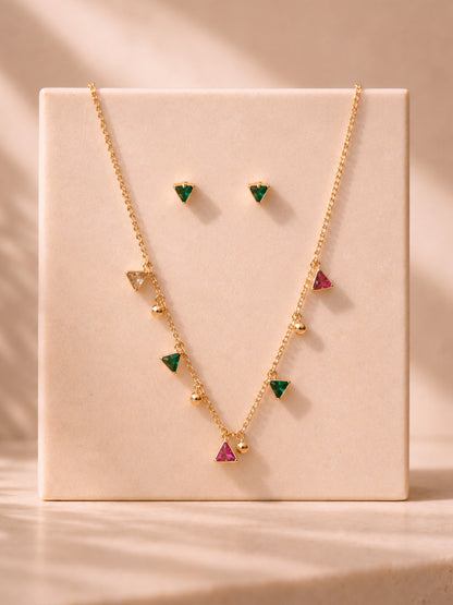Multi Triangle Beaded CZ Jewellery Set in 18K Gold Plating