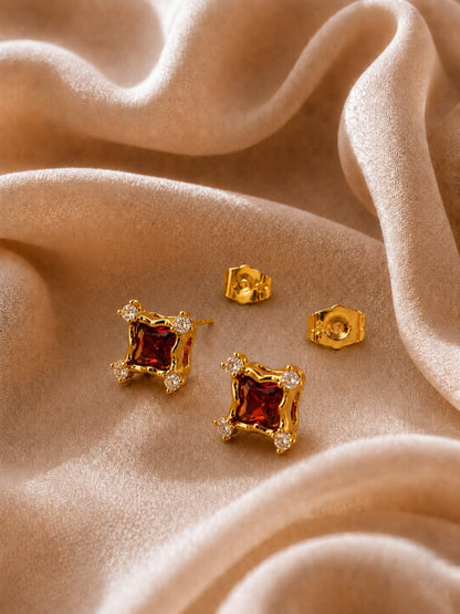Red CZ Square Stud Earrings in 18K Gold Plated Stainless Steel