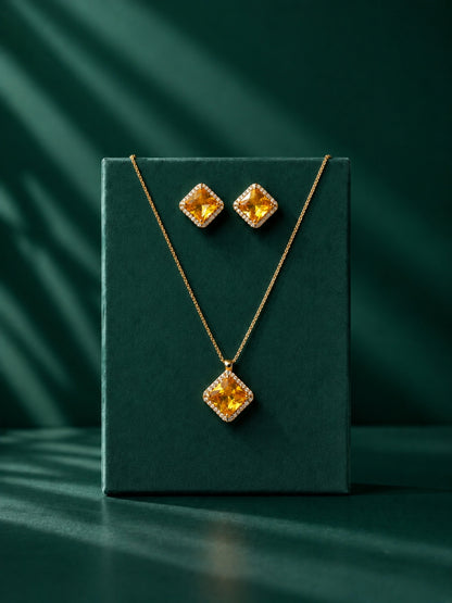 Sapphire Princess Cut CZ Jewelry Set | 18K Gold Plated Necklace Set