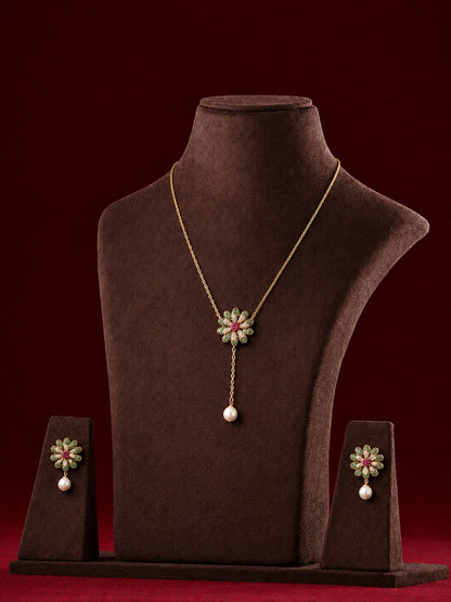 Green Ruby & Pearl Floral CZ Necklace Set | 18K Gold Plated Jewelry