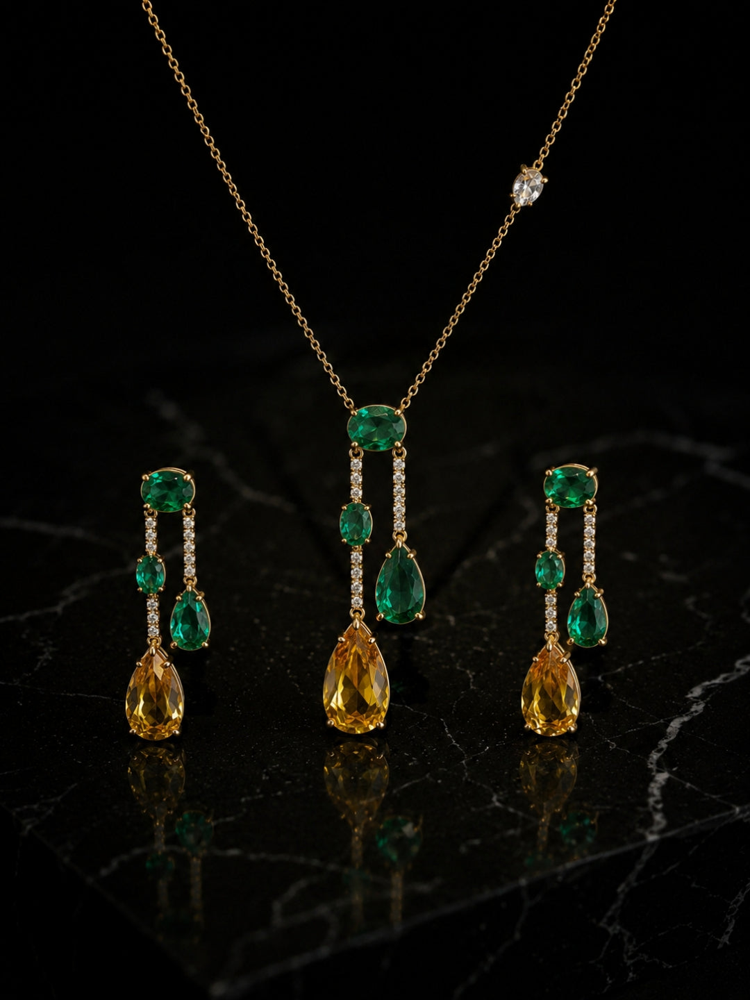 Emerald & Sapphire CZ Drop Jewelry Set | 18K Gold Plating