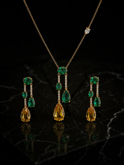 Emerald & Sapphire CZ Drop Jewelry Set | 18K Gold Plating