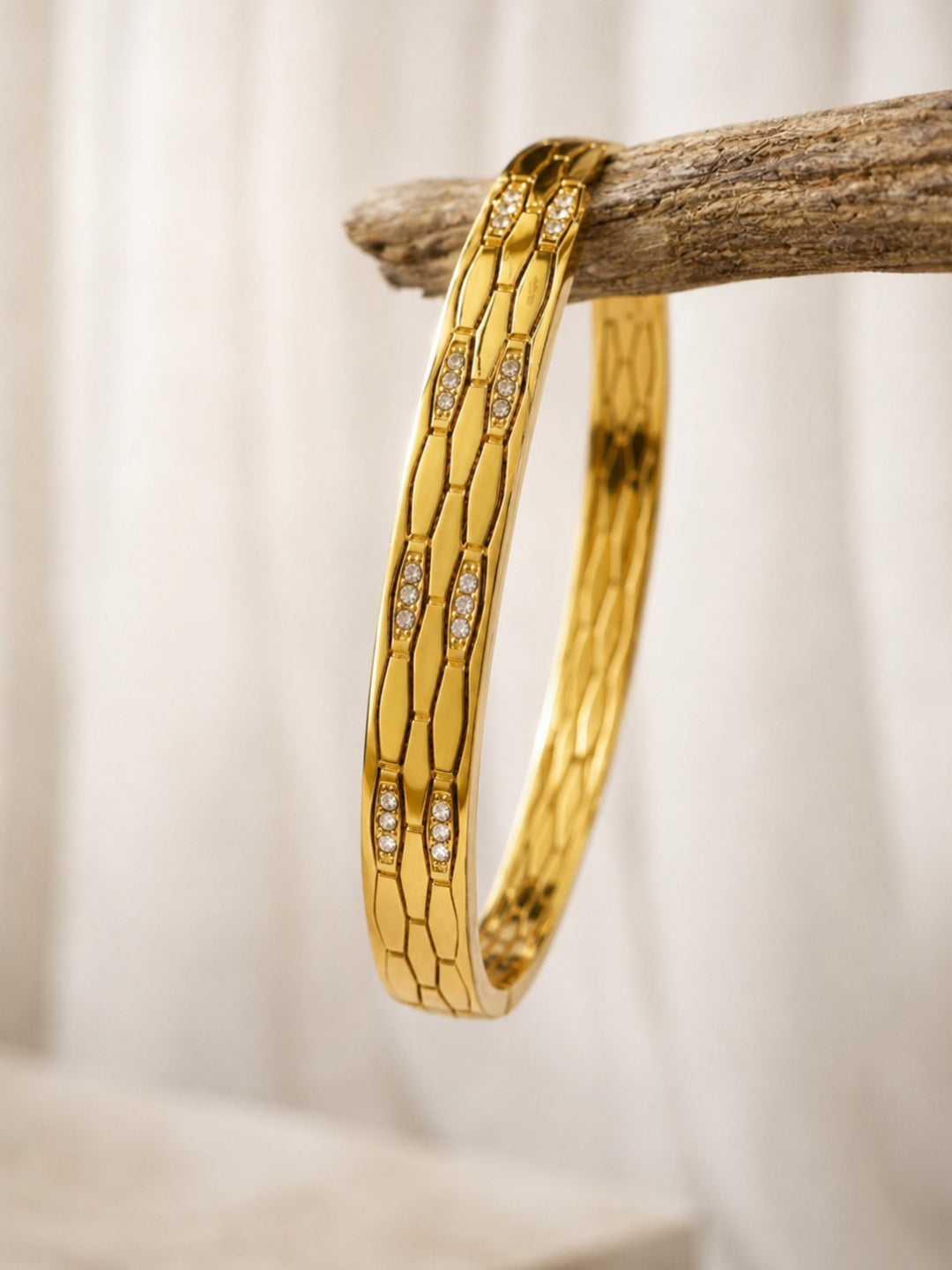 Faceted Honeycomb CZ Bangle — 18K Gold Plated Stainless Steel