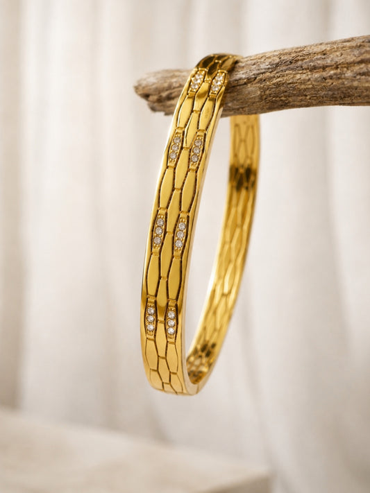 Faceted Honeycomb CZ Bangle — 18K Gold Plated Stainless Steel