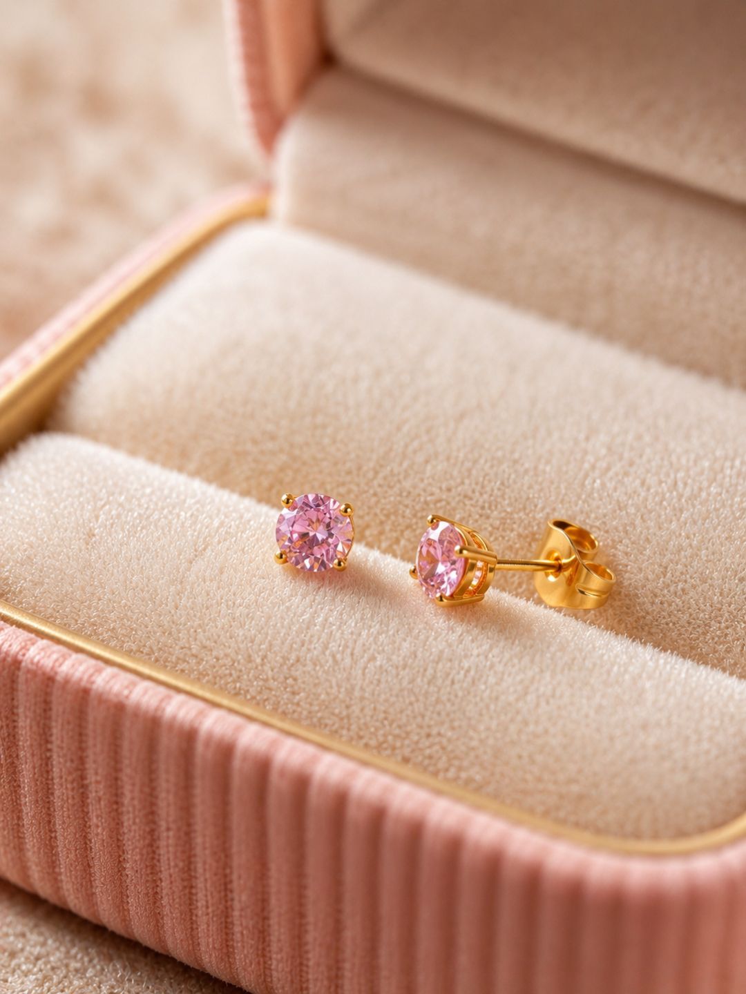 Pink CZ Solitaire Stud Earrings in 18K Gold Plated Stainless Steel
