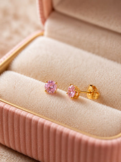 Pink CZ Solitaire Stud Earrings in 18K Gold Plated Stainless Steel
