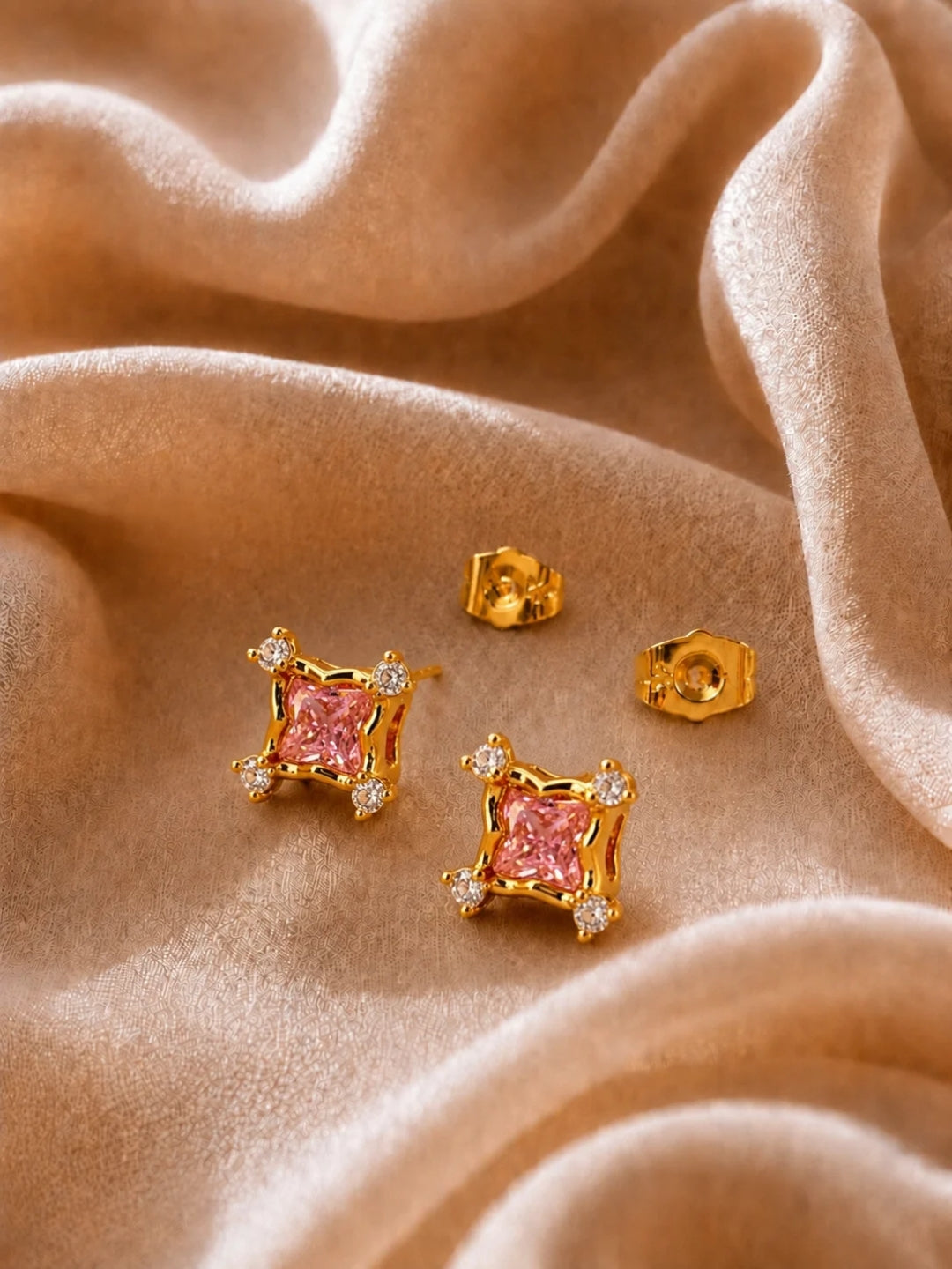Pink CZ Square Stud Earrings in 18K Gold Plated Stainless Steel