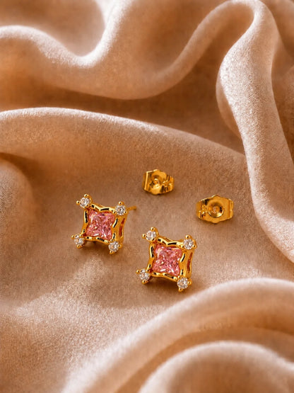 Pink CZ Square Stud Earrings in 18K Gold Plated Stainless Steel