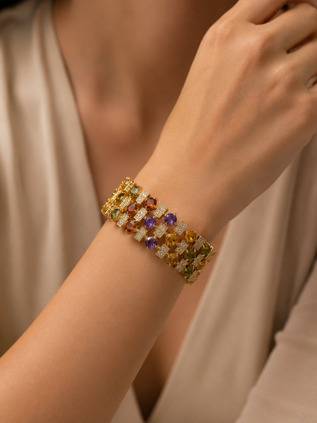 Multicolor Designer Statement CZ Bracelet | 18K Gold Plated