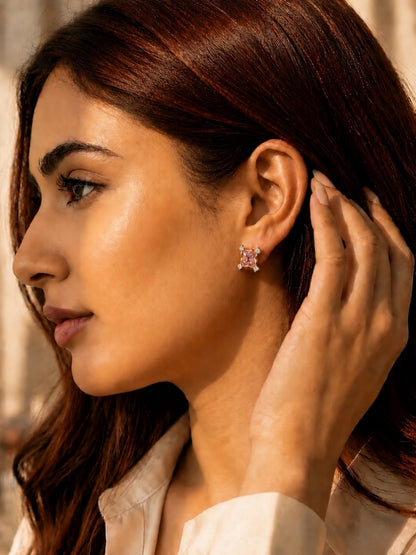 Pink CZ Square Stud Earrings in 18K Gold Plated Stainless Steel
