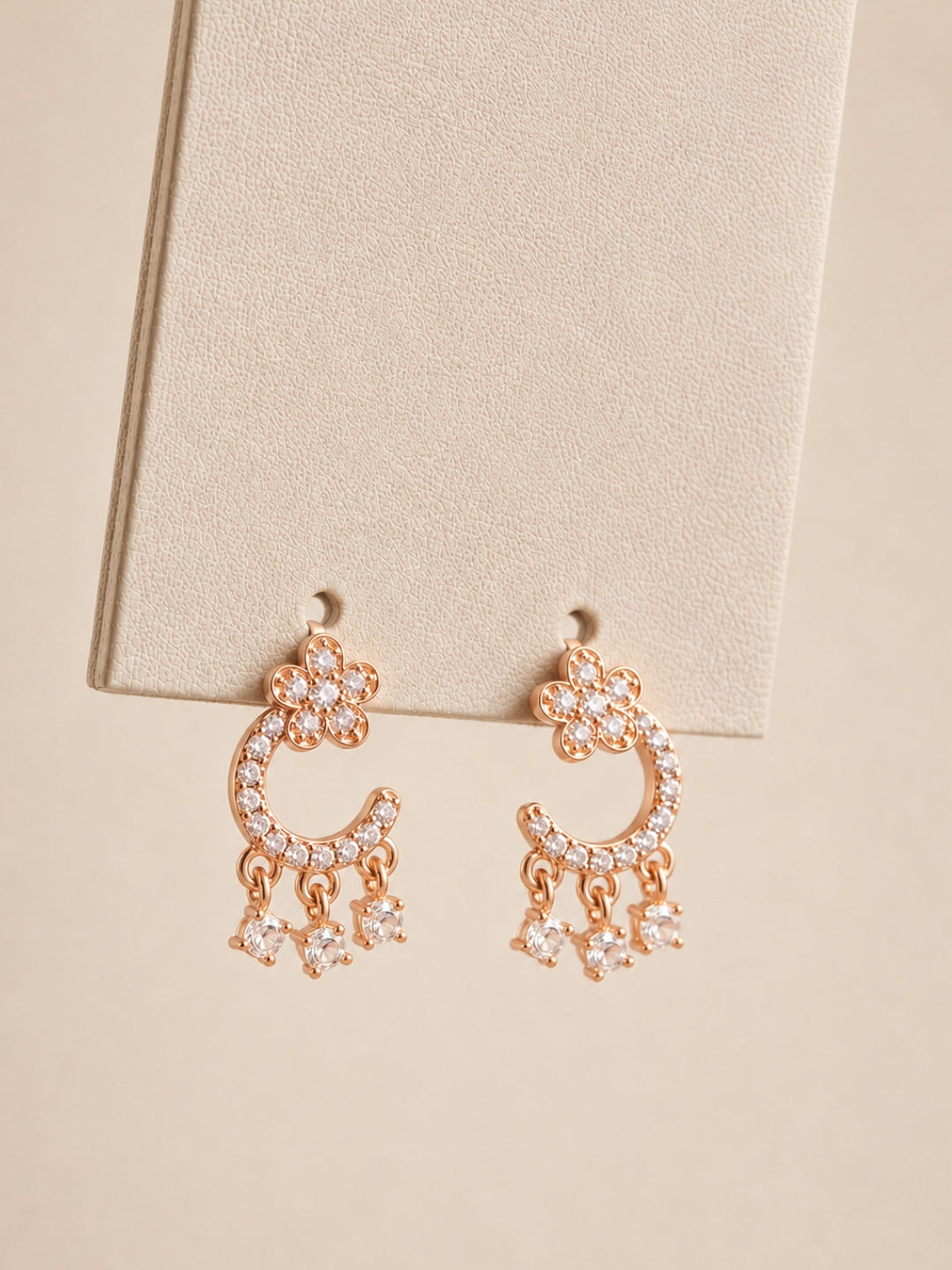 Floral Moon Hanging Stud Earrings – 18KT Rose Gold CZ