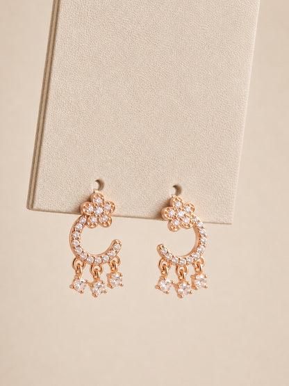 Floral Moon Hanging Stud Earrings – 18KT Rose Gold CZ
