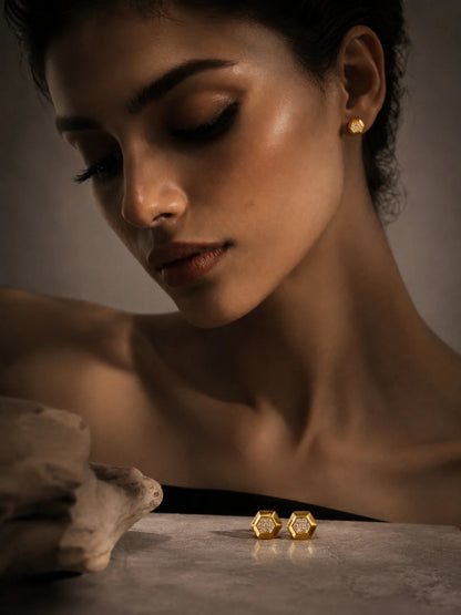 18K Gold Hexagon CZ Stud Earrings | Anti Tarnish Everyday Studs