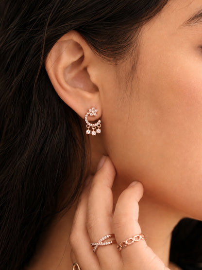 Floral Moon Hanging Stud Earrings – 18KT Rose Gold CZ