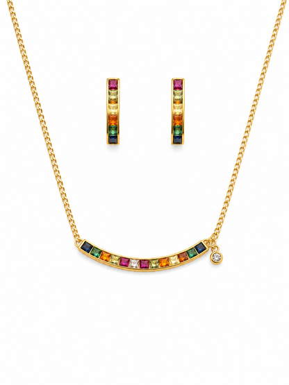 18K Gold Multicolor CZ Slab Stone Necklace Set | Anti Tarnish Jewelry
