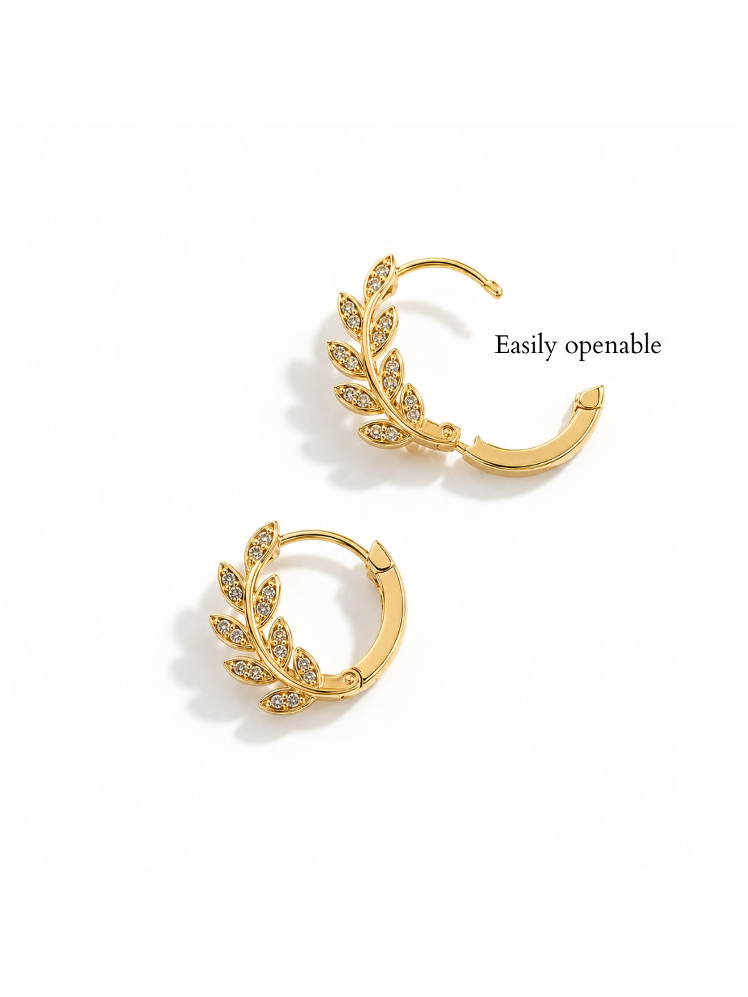Leaf CZ Studded Mini Hoops Earrings – 18K Gold Plated | Anti Tarnish