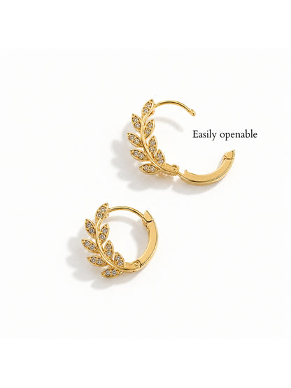 Leaf CZ Studded Mini Hoops Earrings – 18K Gold Plated | Anti Tarnish