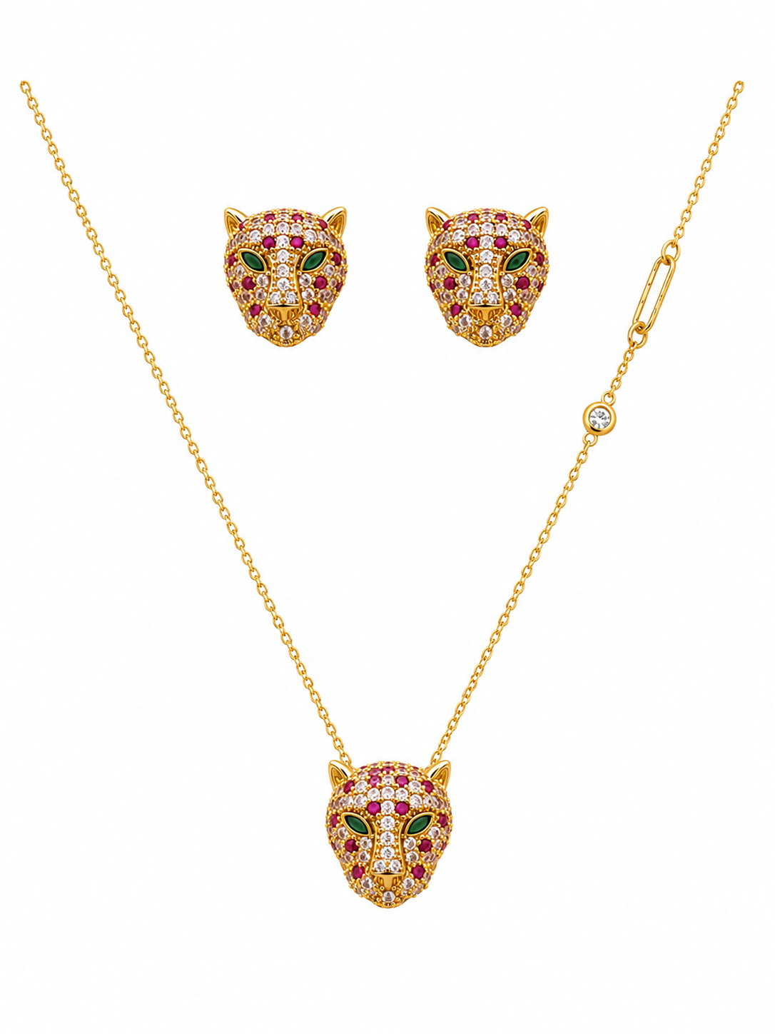 18K Gold  Plated Pink Tiger Eye CZ Jewelry Set | Anti Tarnish Necklace & Earrings