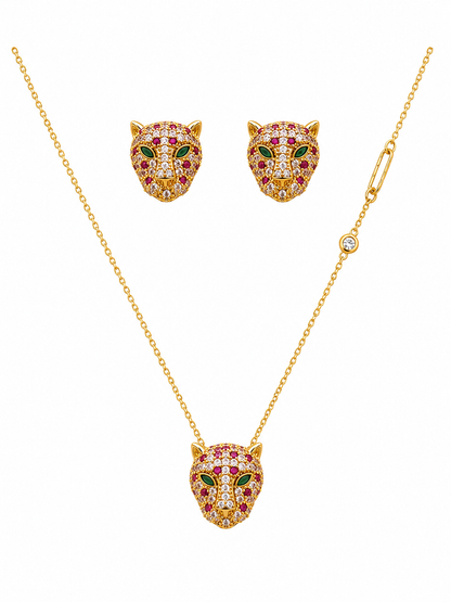 18K Gold  Plated Pink Tiger Eye CZ Jewelry Set | Anti Tarnish Necklace & Earrings