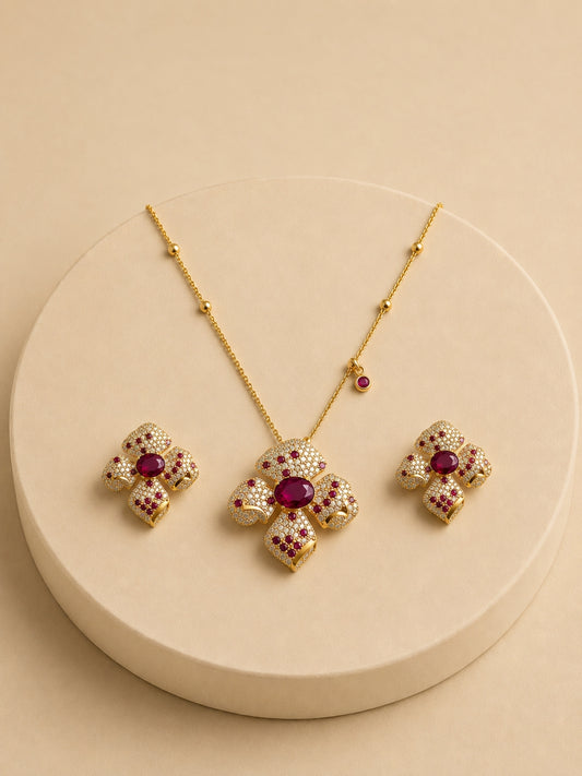 Ruby Studded Sculptural Floral CZ Necklace Set | 18K Gold Plated