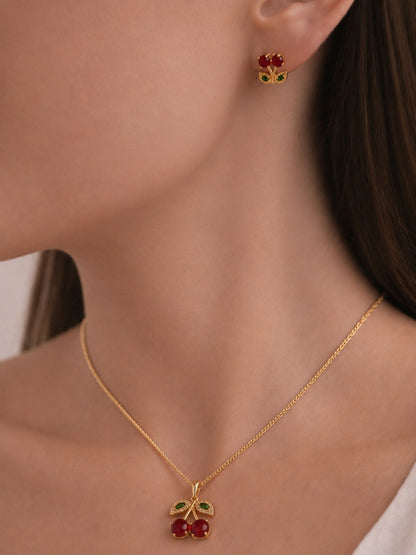 Cherry Moonstone CZ Gold Jewelry Set | Anti Tarnish Necklace & Earrings