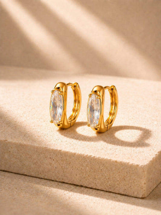 Single Oval CZ Stone Hoop Earrings in 18K Gold | Anti Tarnish