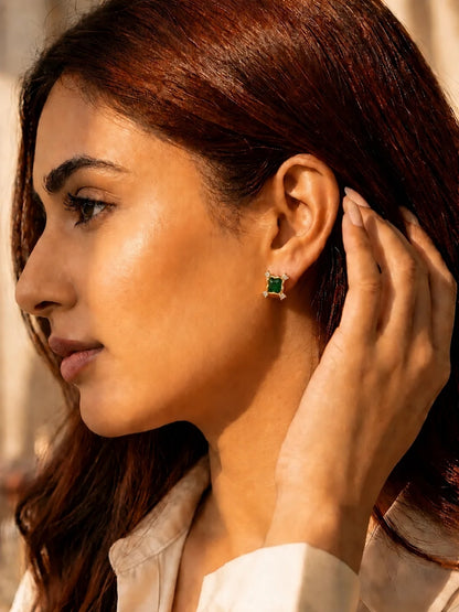 Emerald Green CZ Square Stud Earrings in 18K Gold Plating