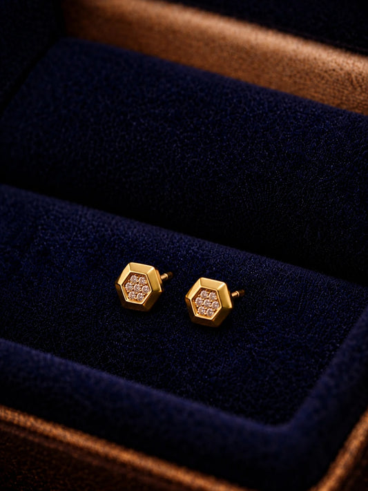 18K Gold Hexagon CZ Stud Earrings | Anti Tarnish Everyday Studs