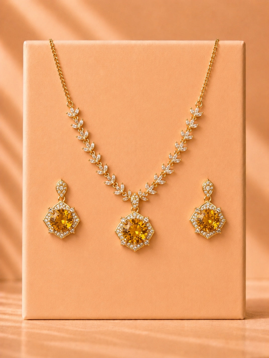 18K Gold Plated Sapphire Floral CZ Jewelry Set | Anti Tarnish Necklace