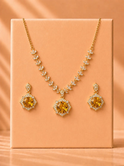 18K Gold Plated Sapphire Floral CZ Jewelry Set | Anti Tarnish Necklace