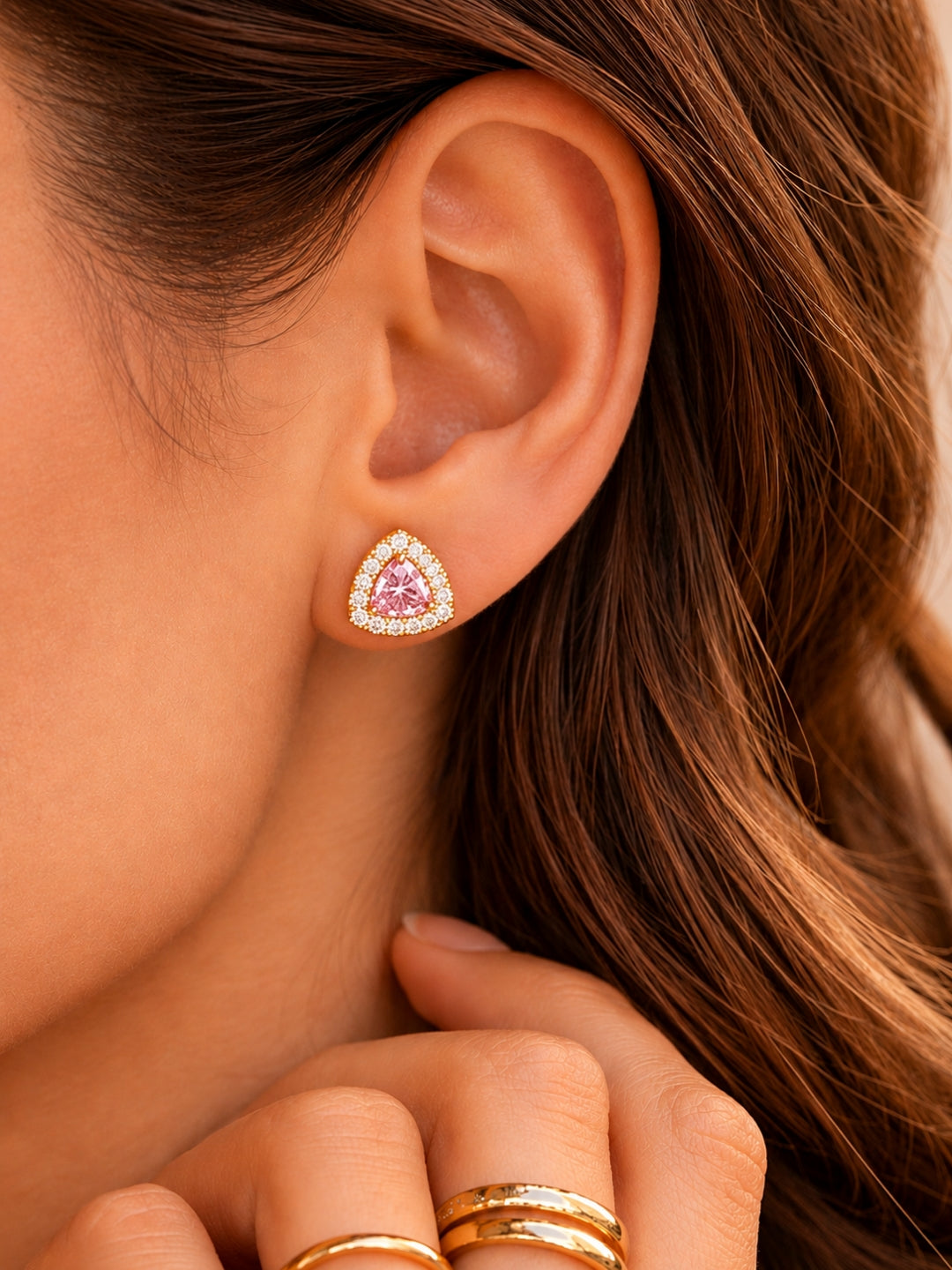 Pink CZ Triangle Stud Earrings in 18K rose Gold | Waterproof & Anti Tarnish
