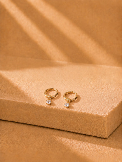 18K Rose Gold CZ Solitaire Drop Hoop Earrings | Anti Tarnish Everyday Hoops