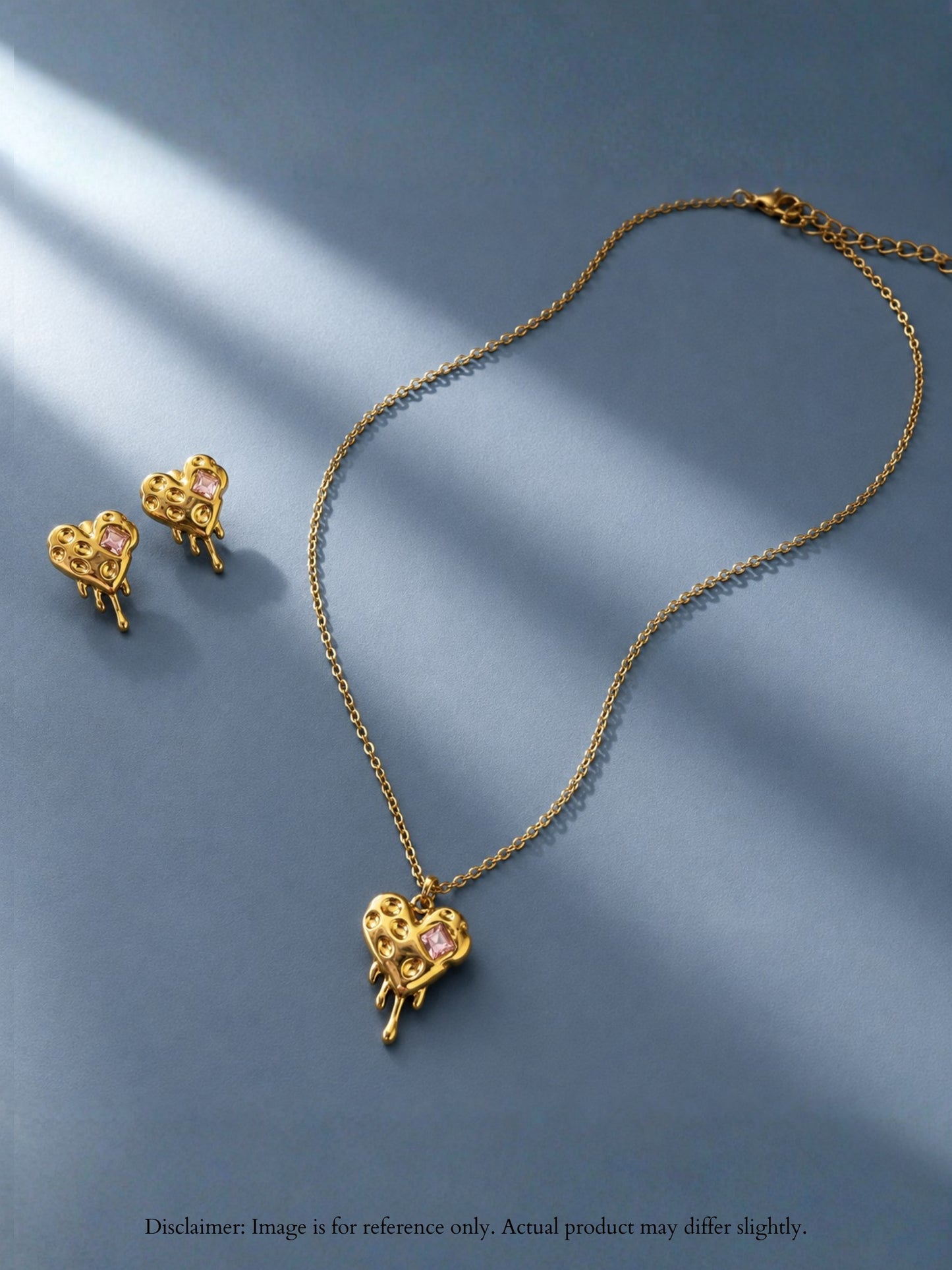 Pink CZ Sculptural Heart Necklace & Earrings Set in 18K Gold