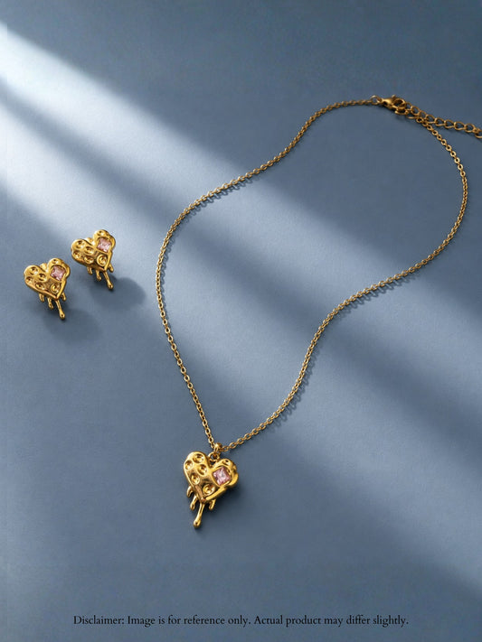 Pink CZ Sculptural Heart Necklace & Earrings Set in 18K Gold