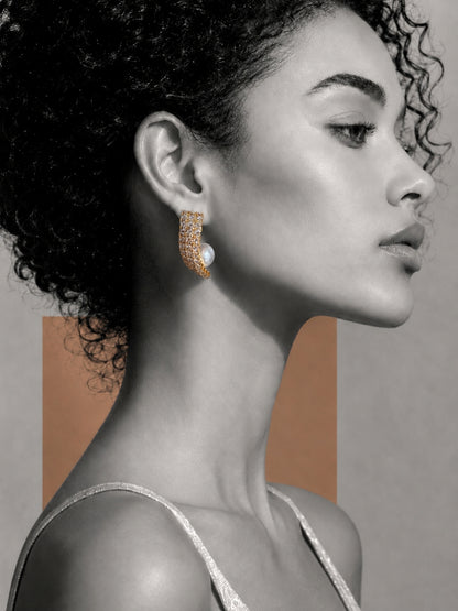 Luxe Pearl Halo CZ Stud Earrings in 18K Gold Plated Finish