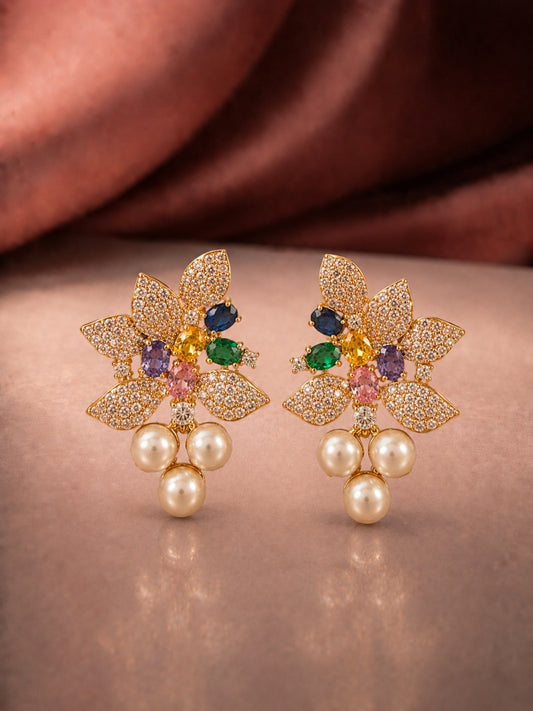 18K Gold Multicolor Floral Pearl CZ Stud Earrings | Anti Tarnish