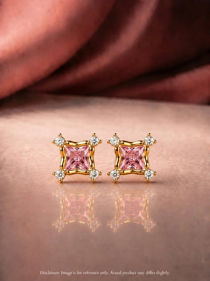 Pink CZ Square Stud Earrings in 18K Gold Plated Stainless Steel