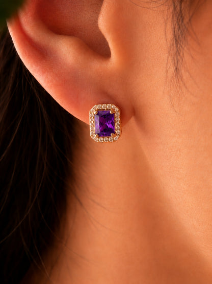 Rose Gold Purple Princess Cut CZ Hoop Earrings | Anti Tarnish